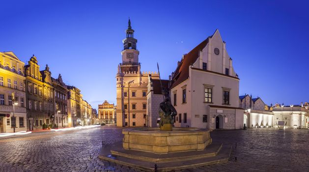 Night view of Poznan Old Market Square in western Poland. Panoramic montage from 5 HDR images