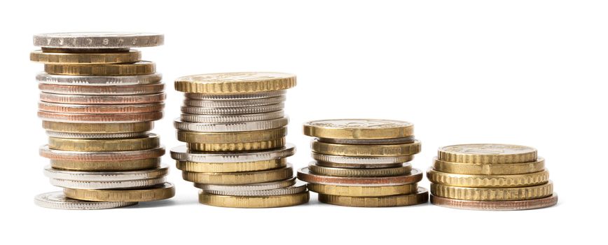 Four stacks of gold coins isolated on white background