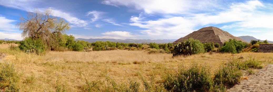 Panoramic view at Teotihuacan with trees and Pyramid of the Sun, near Mexico city, Mexico