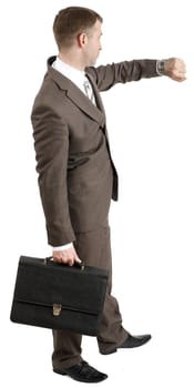 Businessman with briefcase looking at his watch isolated on white background
