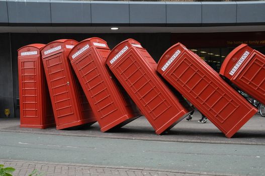 Real phone boxes sculpture on London