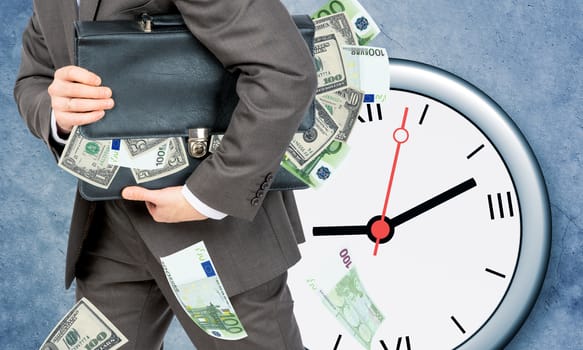 Businessman with suitcase full of money and clock