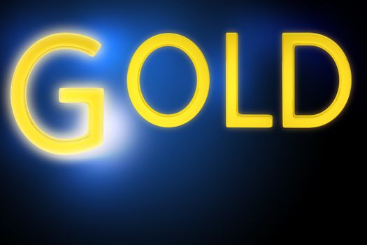 Golden word gold on blue background, close up view
