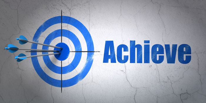 Success finance concept: arrows hitting the center of target, Blue Achieve on wall background