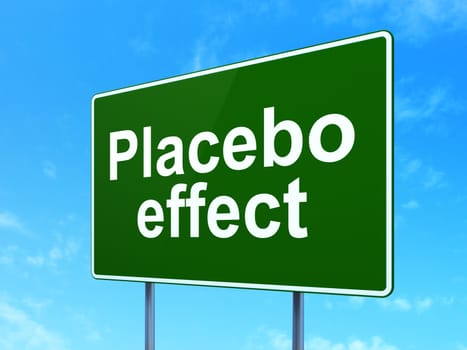 Health concept: Placebo Effect on green road highway sign, clear blue sky background, 3d render