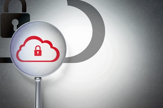 Cloud networking concept: magnifying optical glass with Cloud With Padlock icon on digital background, empty copyspace for card, text, advertising
