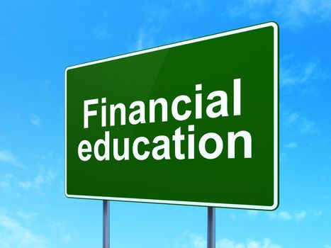 Education concept: Financial Education on green road highway sign, clear blue sky background, 3d render