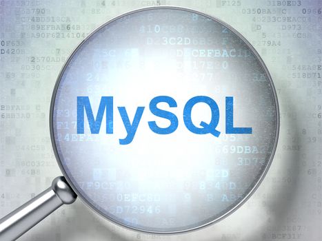 Software concept: magnifying optical glass with words MySQL on digital background