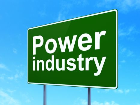 Manufacuring concept: Power Industry on green road highway sign, clear blue sky background, 3d render
