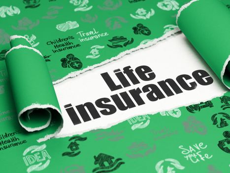 Insurance concept: black text Life Insurance under the curled piece of Green torn paper with  Hand Drawn Insurance Icons