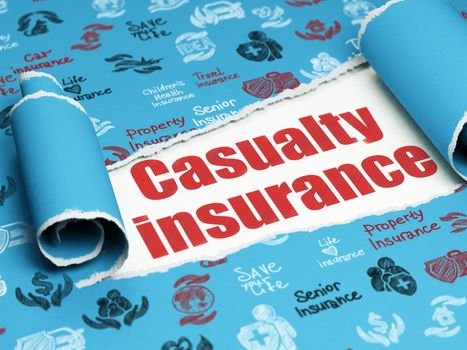 Insurance concept: red text Casualty Insurance under the curled piece of Blue torn paper with  Hand Drawn Insurance Icons