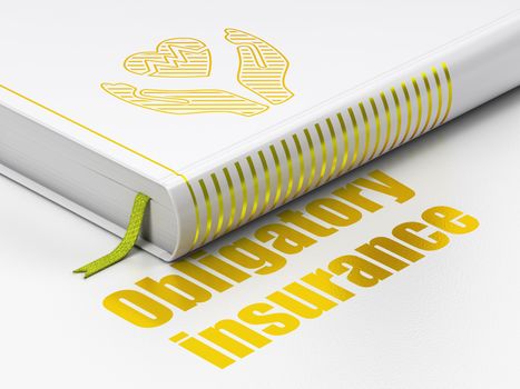 Insurance concept: closed book with Gold Heart And Palm icon and text Obligatory Insurance on floor, white background, 3d render