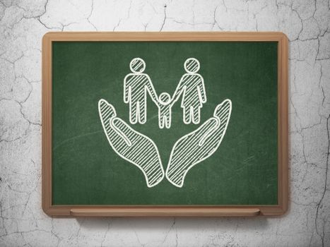 Insurance concept: Family And Palm icon on Green chalkboard on grunge wall background