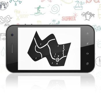 Tourism concept: Smartphone with  black Map icon on display,  Hand Drawn Vacation Icons background