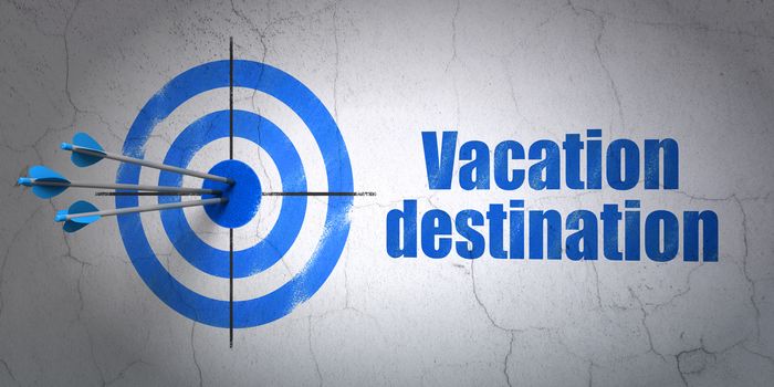 Success tourism concept: arrows hitting the center of target, Blue Vacation Destination on wall background