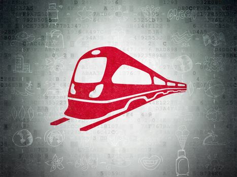 Tourism concept: Painted red Train icon on Digital Paper background with Scheme Of Hand Drawn Vacation Icons