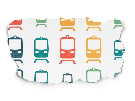 Vacation concept: Painted multicolor Train icons on Torn Paper background