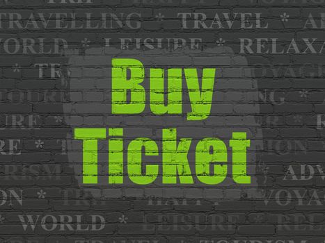 Travel concept: Painted green text Buy Ticket on Black Brick wall background with  Tag Cloud