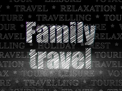 Tourism concept: Glowing text Family Travel in grunge dark room with Dirty Floor, black background with  Tag Cloud