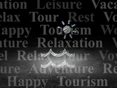 Travel concept: Glowing Beach icon in grunge dark room with Dirty Floor, black background with  Tag Cloud