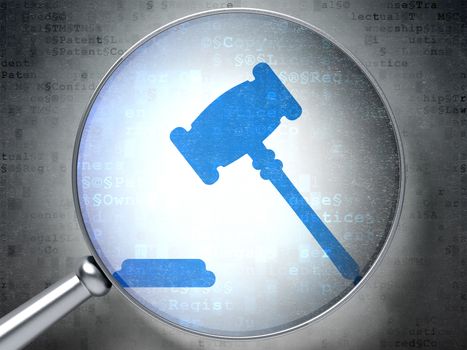 Law concept: magnifying optical glass with Gavel icon on digital background