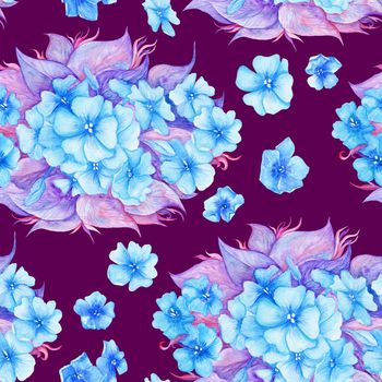 Texture with blue flowers and purple leaves on maroon background for wallpaper and textile design