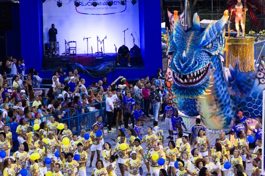 RIO DE JANEIRO, RJ /BRAZIL - January 17, 2016: World's famous carnival in Rio de Janeiro, samba school parading in Sambadromo, the carnival stadium, dragon figure on January 17, 2016 in Rio de Janeiro.
