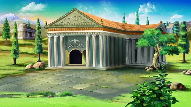 Digital painting of ancient Temple in Greece. Summer day.