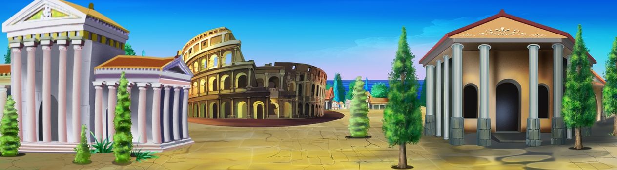 Digital painting of ancient Rome with  buildings, trees and Coliseum.