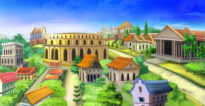 Digital painting of ancient Rome with  buildings, trees and Coliseum.