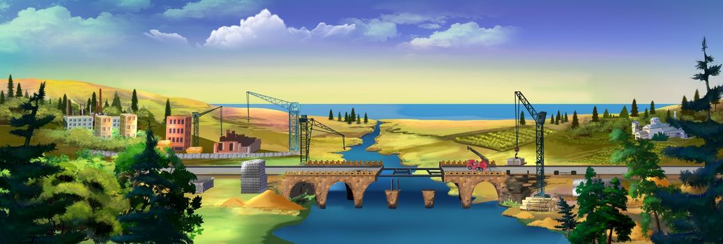 Digital painting of bridge construction. Panorama view with river, bridge and construction crane.