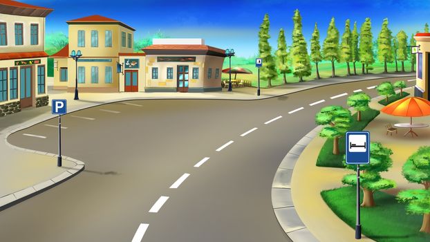 Digital painting of the bus stop and small parking beside the road. With trees, flowerbeds, buildings and cafe.