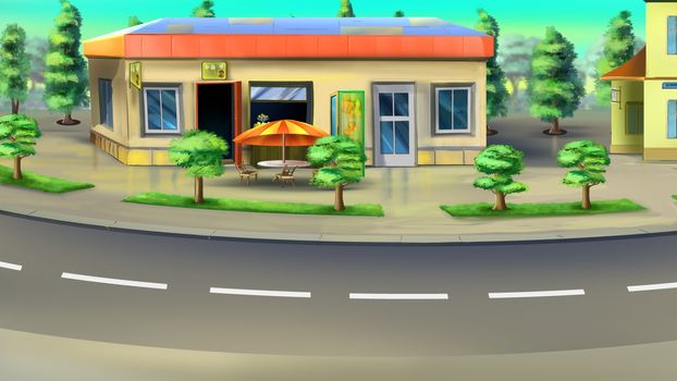 Digital painting of the bus stop and small parking beside the road. With trees, flowerbeds, buildings and cafe.






Bus stop and parking beside the road. Back view