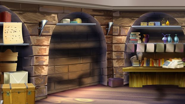 Digital painting of Castle room interior. Vault, alchemist basement.