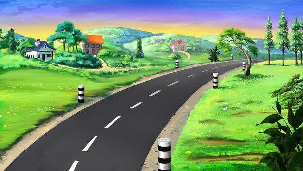 Digital painting of the landscape country road, trees and grass.