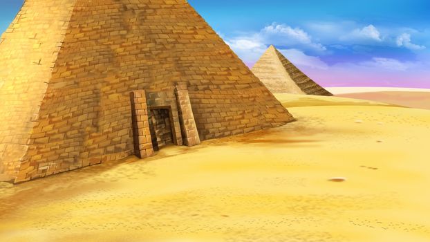 Digital painting of the Egyptian pyramid with entrance. Mystic and secret scene. Long shot.