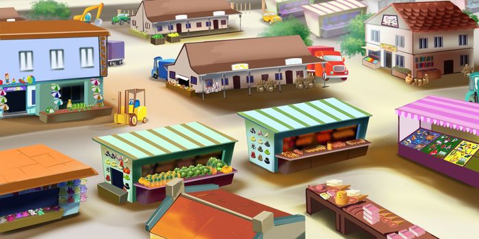 Digital painting of the grocery market in a small city with stalls and shops.