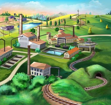 Digital painting of the Industrial landscape with factories and construction cranes.