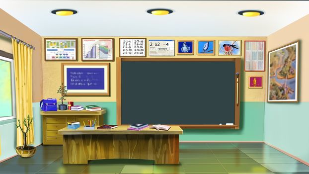 Digital painting of the Interior of classroom.  Front view with desks, tables and educational posters.