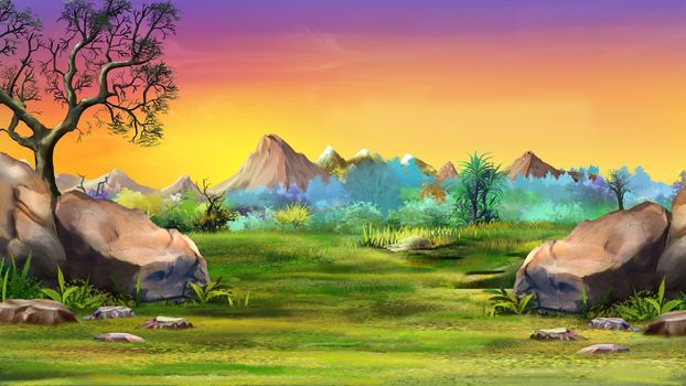 Digital painting of the landscape with big stones and mountains. Summer day view with a stones, trees and mountains. Long shot.