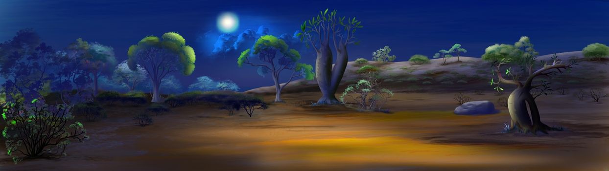 Digital painting of the night in savanna. Panorama view with moon, cactus and trees.