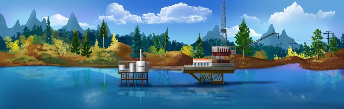 Digital painting of the Oil platform in the sea. Panorama view.