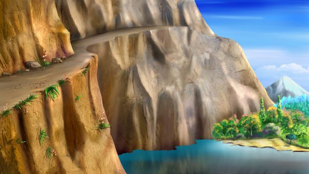 Digital painting of the precipice trail. Landscape with mountains, river and plants.