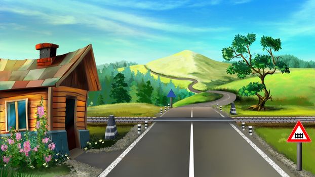 Digital painting of the railway crossing on the highway. With the station booth, trees, flowers and mountain view.