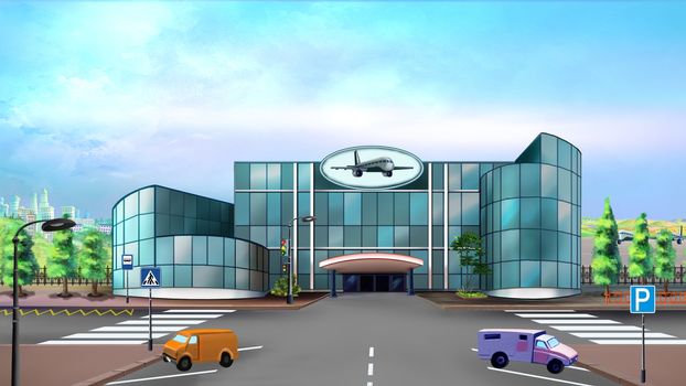 Digital painting of the airport building. Long shot with road, parking and cars.
