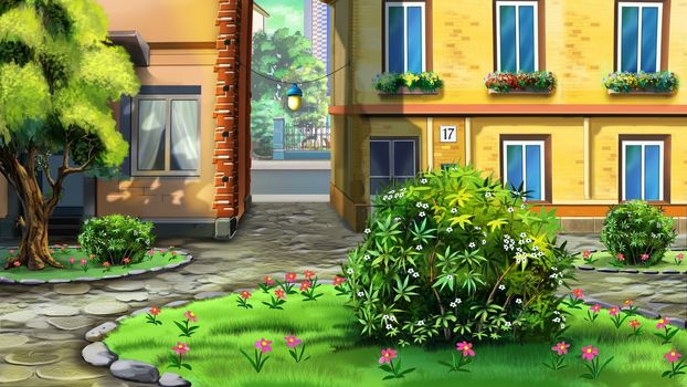Digital painting of the urban garden with trees, buildings and flowerbed.