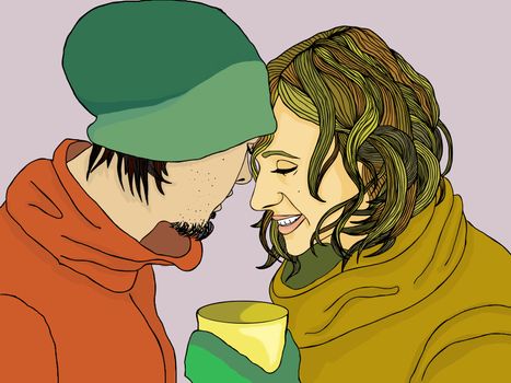  romantic couple in winter clothes ith cup portrait