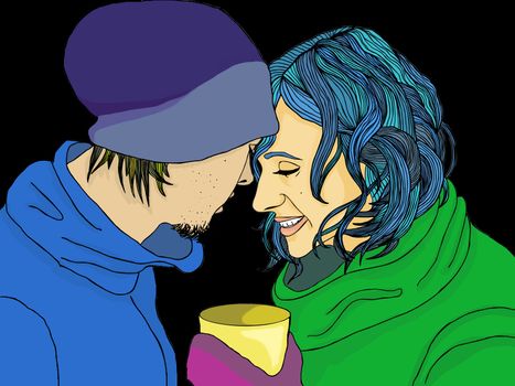  romantic couple in winter clothes on dark background portrait