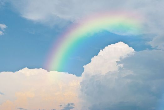 image of rainbow in blue sky and white clouds