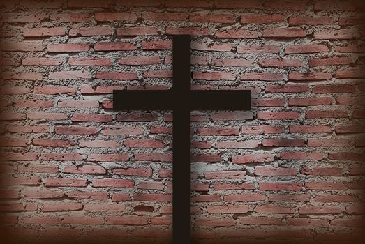 christ cross into a brick wall as background, grunge wall